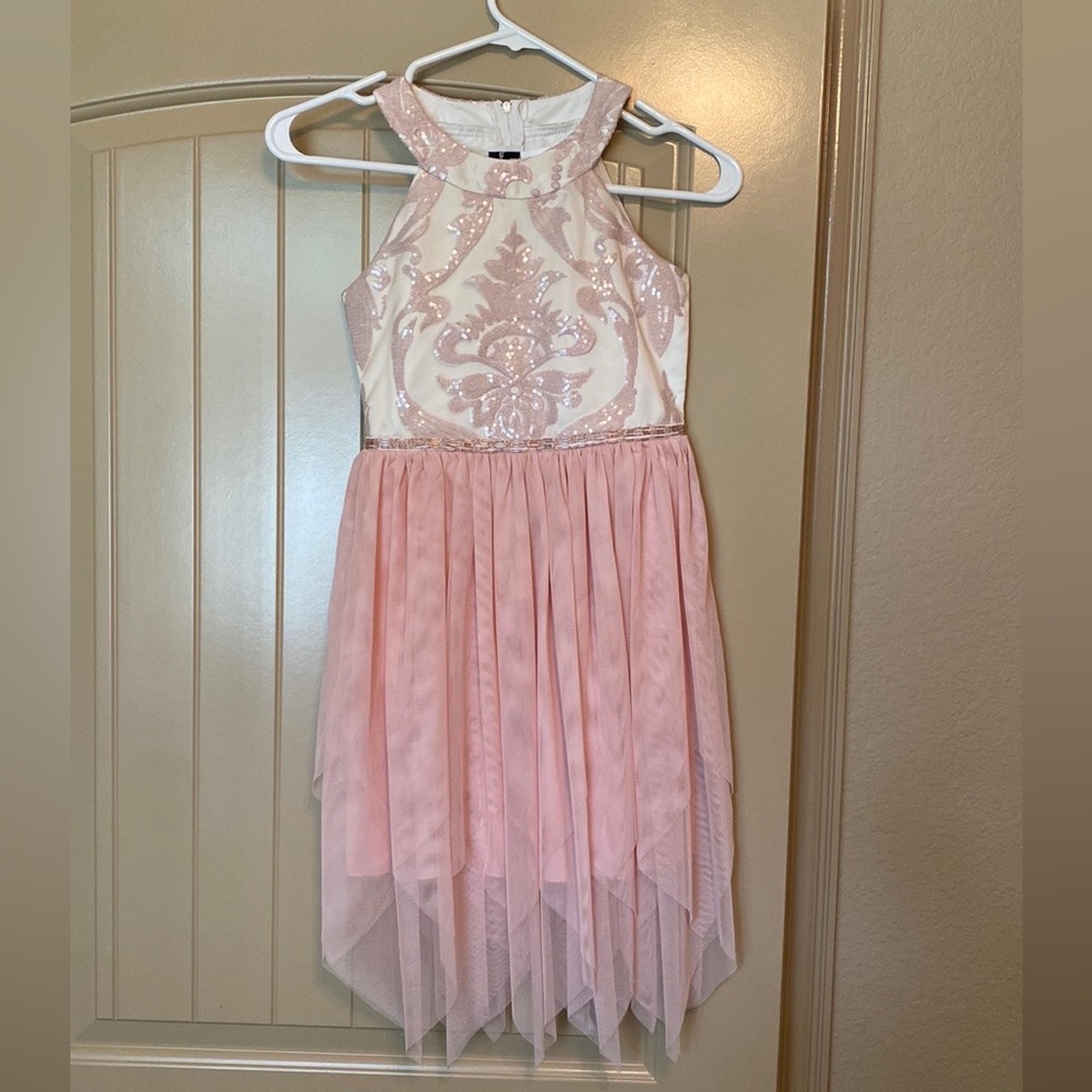 Girls size 8 blush pink dress with sequin appliqué overlay